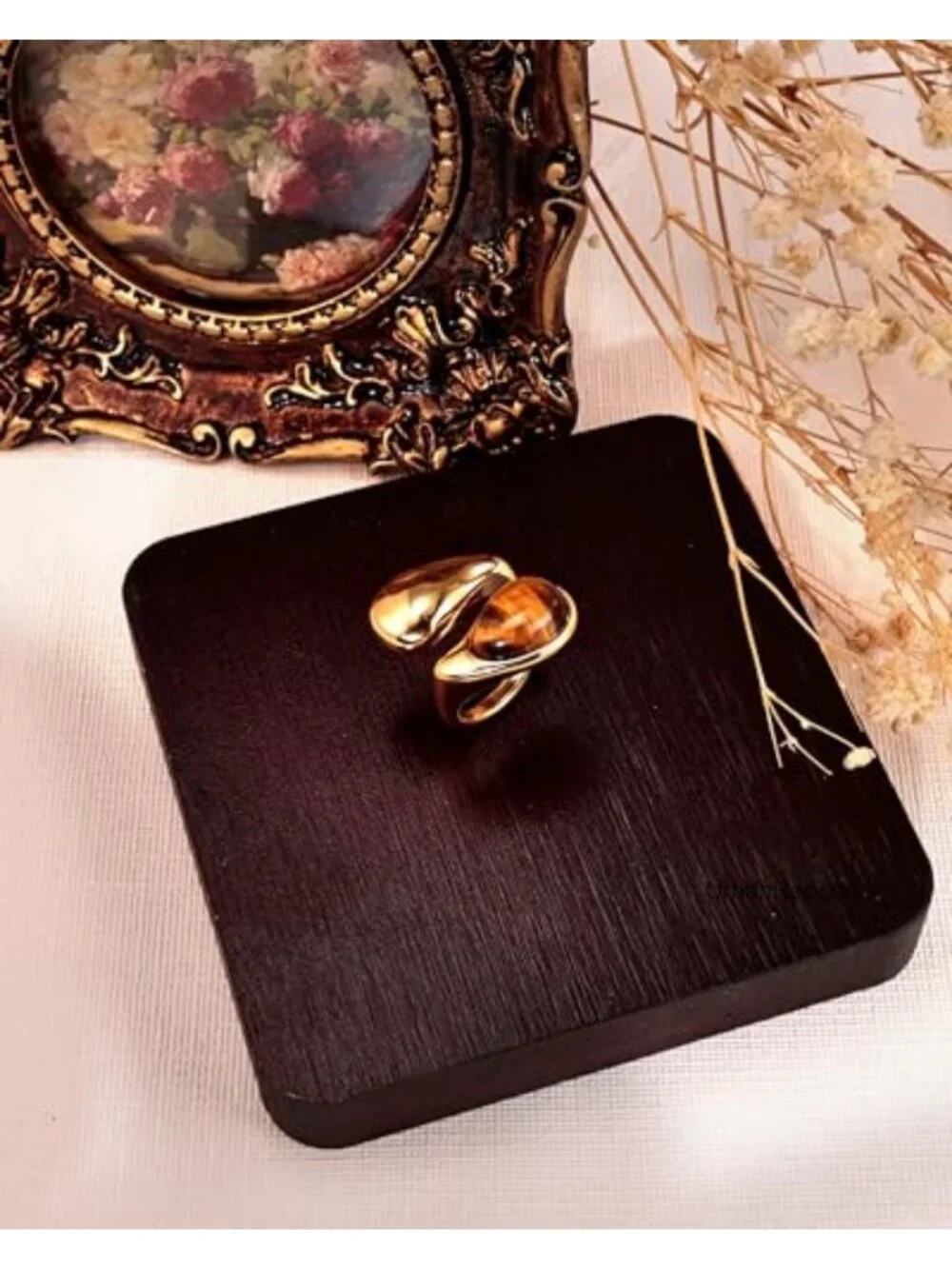 14K Gold Plated Tiger Eye Stone Chunky Open Ring Vintage Boho Adjustable